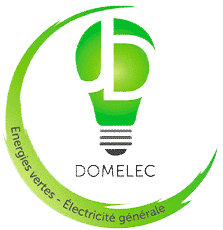 Logo DOMELEC avec ampoule verte et texte Energies vertes - Électricité générale.