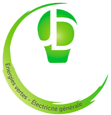 Logo JD ampoule verte avec texte Energies vertes - Électricité générale, arc de cercle dégradé vert.